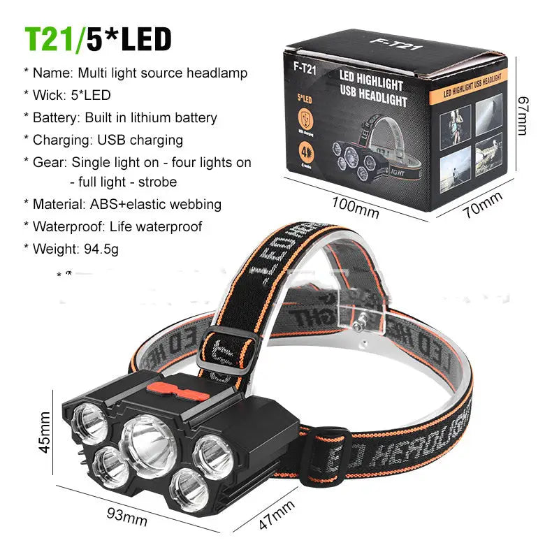 Super Bright Fishing Lights ™ - 5&amp;7 Head Long-Range Headlamps - Five head lamps / USB - Outdoor/beach/picnics