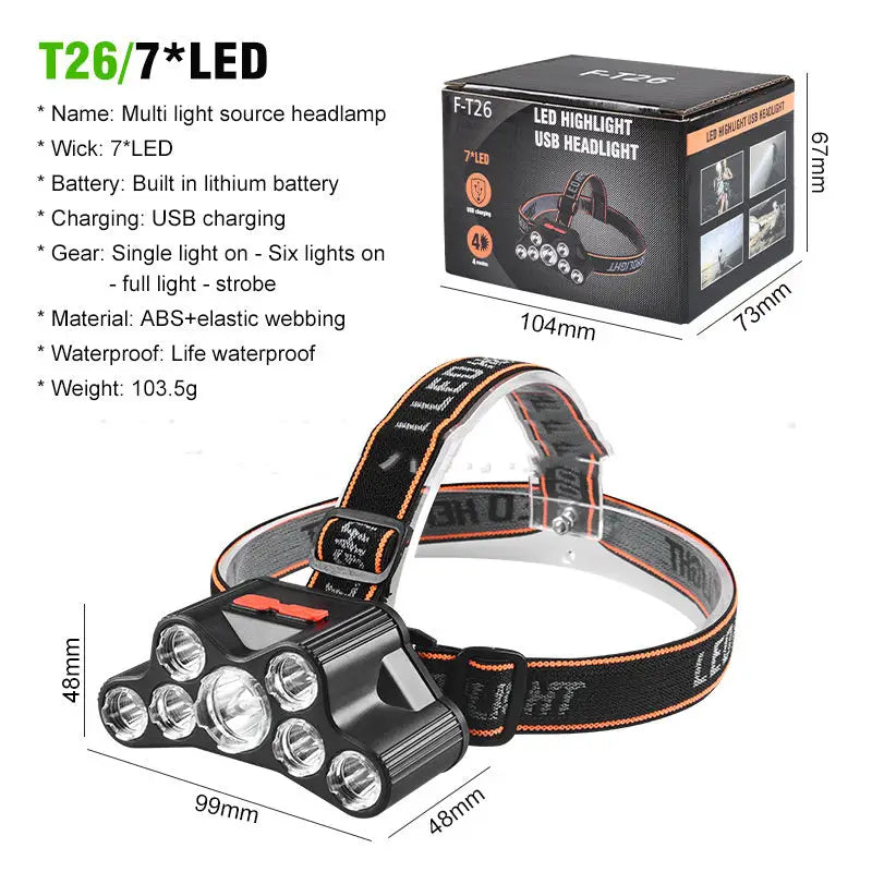 Super Bright Fishing Lights ™ - 5&amp;7 Head Long-Range Headlamps - Seven headlights / USB - Outdoor/beach/picnics